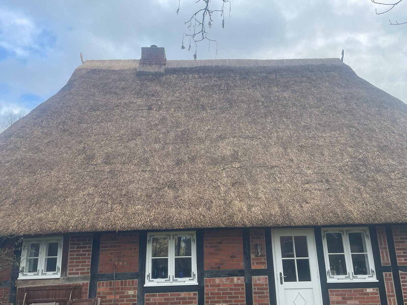 Reetdach abputzen und Reetfirst nachher